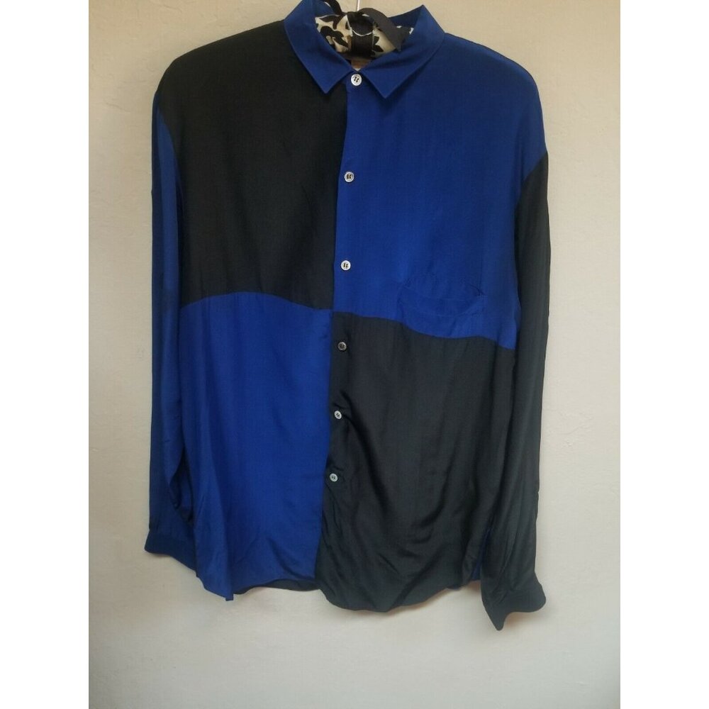 Private Label Womens Medium Button Down Shirt Top Silk Colorblock Black Blue